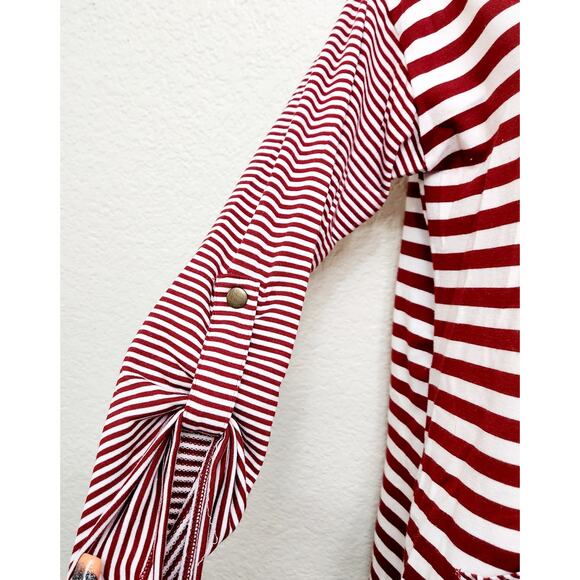Ruby Rd. Red White Stripe Cowl Neck Long Roll Tab Sleeve Top PS Lightweight Soft - Picture 2 of 4